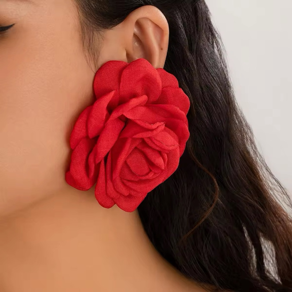 Elegant Blooming Red Rose Earrings - Picture 2 of 5
